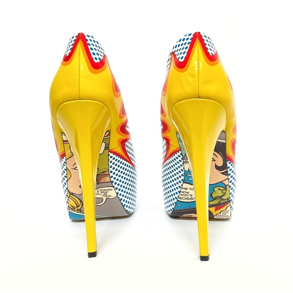 TAYLOR SAYS TALIA COMIC EXPLOSION blue white polka dot yellow red platform heels - Picture 8 of 14
